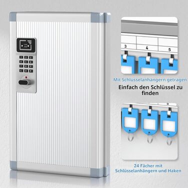 Металевий ключниця-сейф на 24 ключі з кодовим замком, шафа для ключів з гачками та бирками для дому та офісу, срібляста (21.5 x 6.5 x 33 см)