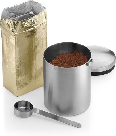 Канistra для кави WMF Kult Tee з нержавіючої сталі на 500г, з мірною ложкою, для кавових зерен та меленої кави, Cromargan® нержавіюча сталь, придатна для миття в посудомийній машині