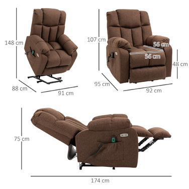 HOMCOM Electric TV Recliner with Lift Assist, Recliner with Remote Control, Power Cord, 58W, Brown, Steel, Polyester, 92 x 95 x 107 cm | Aosom