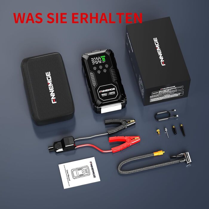 Пусковий пристрій FNNEMGE Powerbank 26800mAh 9000A з компресором 160PSI для авто 12В (бензин та дизель до 12.0л), бустер з USB-портом, LED-ліхтарем та LCD-дисплеєм