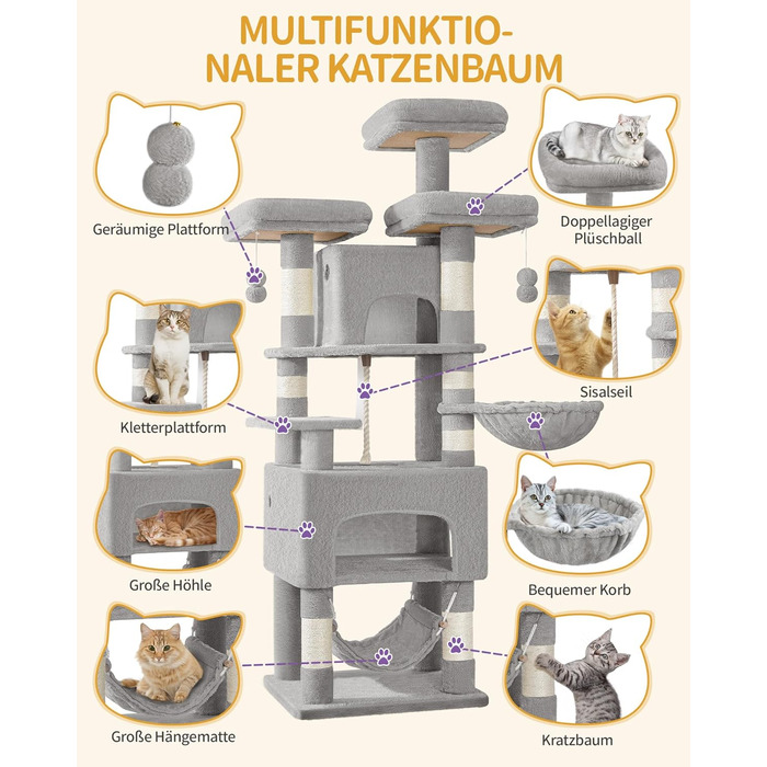 Кігтеточка для котів Hzuaneri, 176 см, XL, 3 платформи, 2 печери, 7 стовпчиків, гамак, плюшеві кульки, для багатокотових домівок, MS17618SG (Світло-сірий)