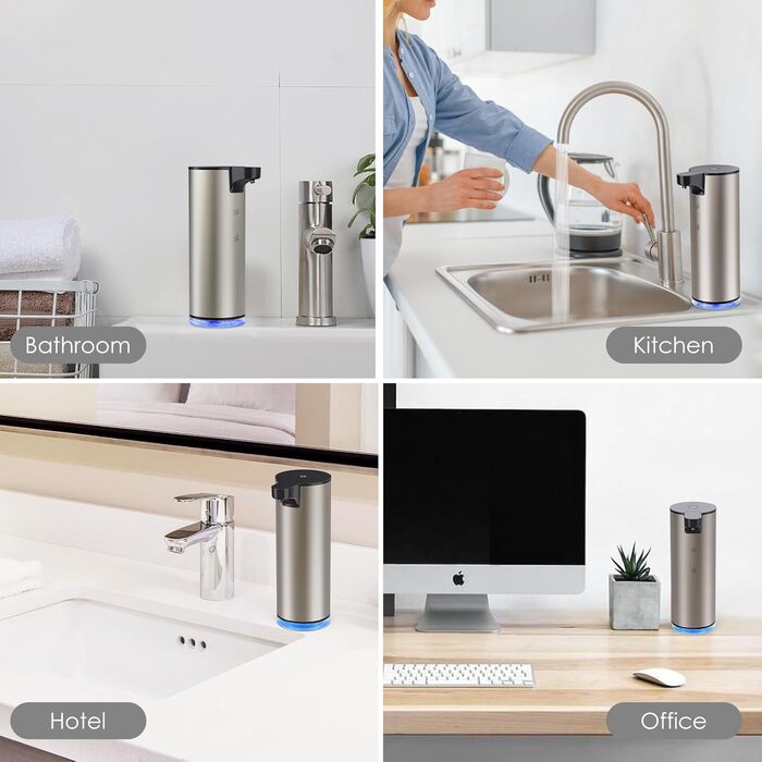 Automatic Soap Dispenser Stainless Steel Foam Soap Dispenser Electric - LAOPAO Soap Dispenser Set IPX5 Waterproof USB-C Charging with Sensor Infrared Motion Sensor for Kitchen & Bathroom Silver Black