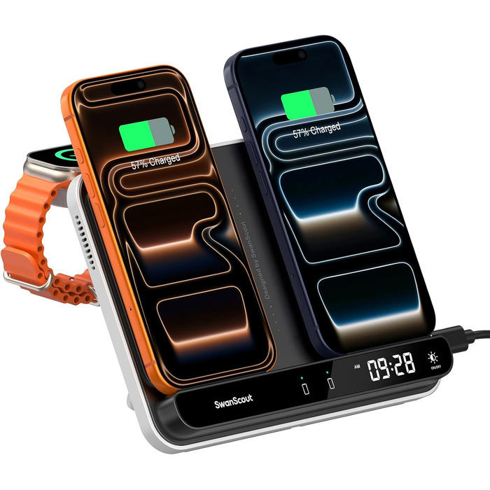 Зарядна станція SwanScout 710A для iPhone 17/Air/15/14/13/12/11 та Apple Watch/AirPods, бездротова зарядка 2 в 1