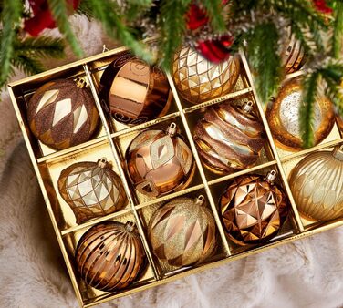Набір з 12 бронзових новорічних кулі для ялинки, 10 см, великий, безпечні від пошкоджень