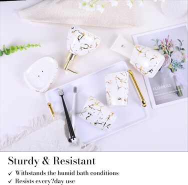 Bathroom Accessories Set, Gold Marble Look, Modern 6-Piece Bathroom Accessories Set, complete with soap dispenser, toothbrush holder, cup, tray, countertop (White Gold)