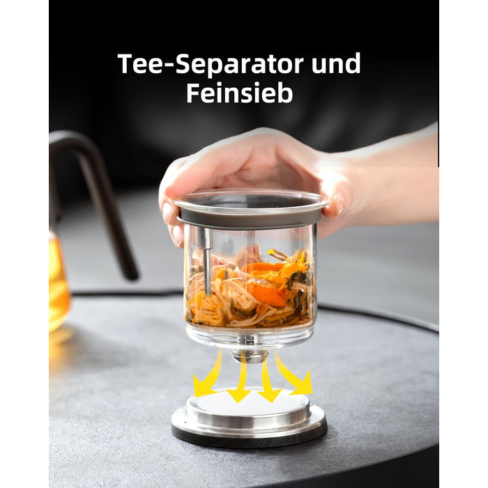 Чайник ZENS Magic з боросилікатного скла з ситом, 800 мл, з магнітним кришкою та ручкою з чорного горіха, для заварювання листового чаю
