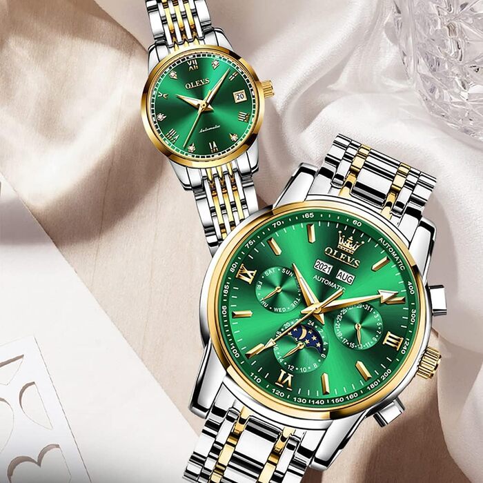 Набір автоматичних механічних годинників для пари OLEVS: чоловічий та жіночий з календарем, фазою місяця та турбійоном, двоколірні (Зелені)