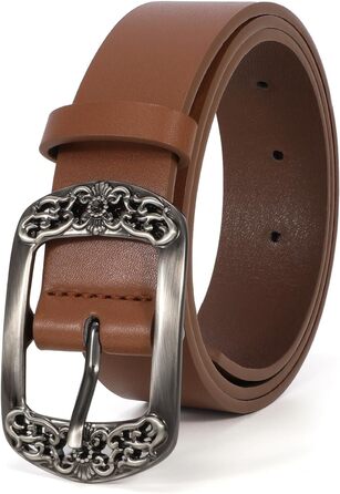 Жіночий шкіряний ремінь Suosdey, класичний чорний з квітковим пряжкою, для джинсів, суконь, модний аксесуар (колір: рудий коричневий, довжина 120 см, розмір: 93-103 см)