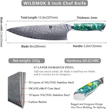 Японський ніж WILDMOK Santoku 20см з дамаської сталі, VG10, ручка з зеленого пластику