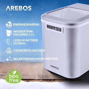 Машина для приготування льоду Arebos | 12 кг/24 год | Швидке виробництво (10-15 хв) | 2 розміри кубиків льоду | 2.2 л резервуар | Тиха робота | Самоочищення | Сріблястий колір