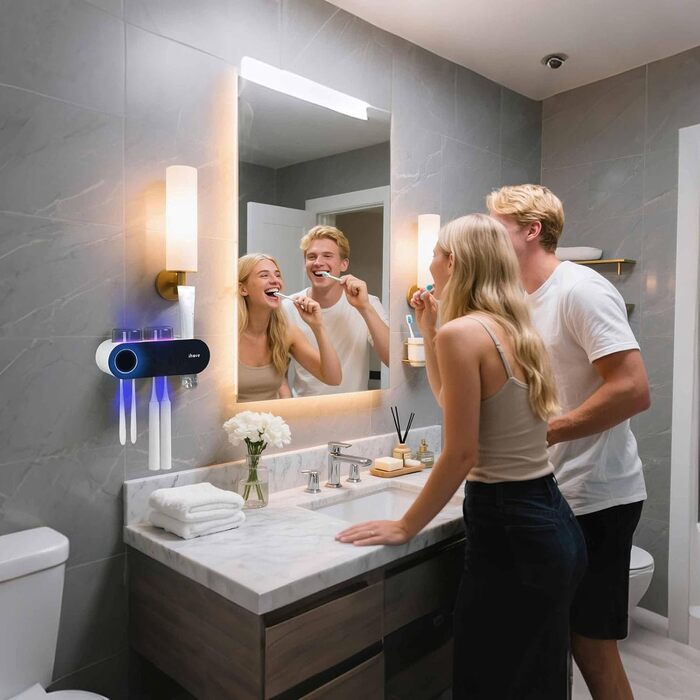 Тримач для зубних щіток iHave на стіну з УФ-дезінфекцією, для електричної зубної щітки, розумне аксесуар для ванної кімнати, 3 стаканчика, дозатор пасти (чорний, 2 стаканчика)