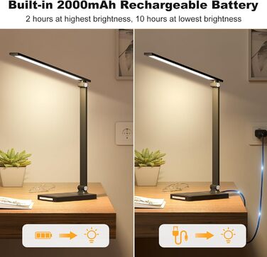 TOPPLEE LED Desk Lamp - Dimmable Table Lamp with Rechargeable Battery, 5 Colors & 10 Brightness Levels, USB Charging Port, Office Lamp for Kids & Home, Black