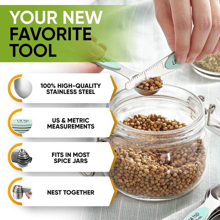 Measuring cups and spoons, magnetic, mint green, 15 pieces