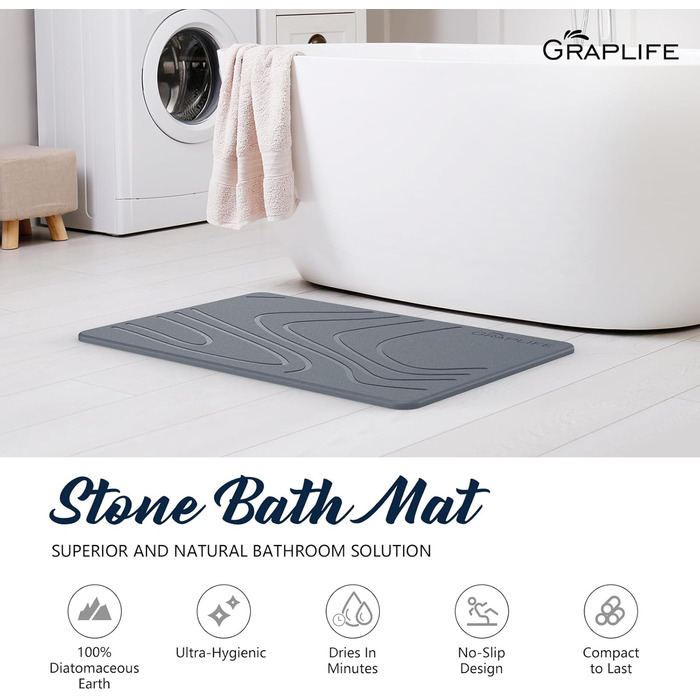 Килимок для ванни Graplife Stein - 2 шт., для ванни та ванної кімнати, супер вбираючий, з кремнеземом, антиковзкий, швидковисихаючий (60 x 39 см, сірий)