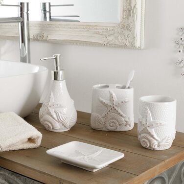 Набір для ванної кімнати з кераміки, білий, з візерунком мушлі (4 предмети): дозатор, тримач для зубної щітки, миска та мильниця