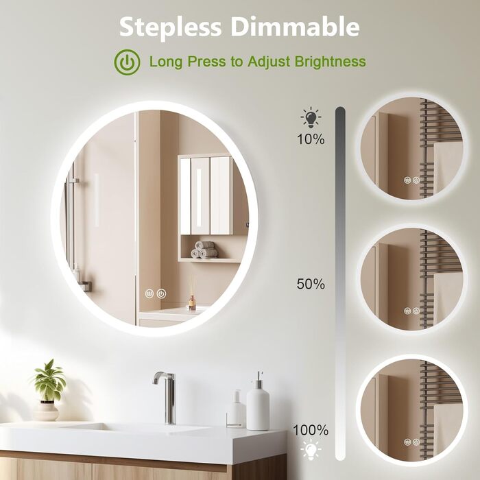 LED дзеркало для ванної кімнати з підсвічуванням Round - регульоване з 3 кольорами світла (3500K-6500K), сенсорний вимикач, запобігає запотіванню - дзеркало для ванної кімнати з підсвічуванням для макіяжу та гоління (70см)