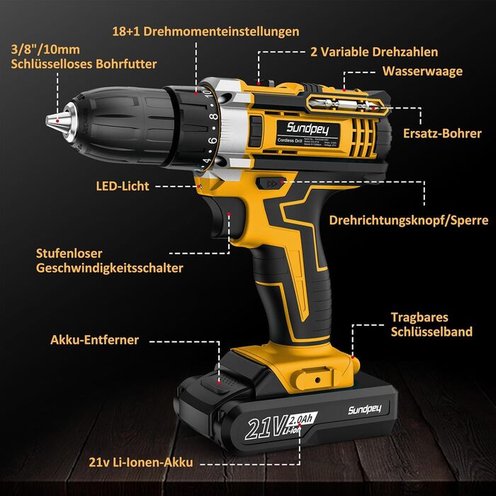 Акумуляторний шурупокрут Sundpey 21V з 2x2000mAh акумулятором, 45 Нм, 18+1 момент, 10 мм патрон, 19 шт. для DIY проектів