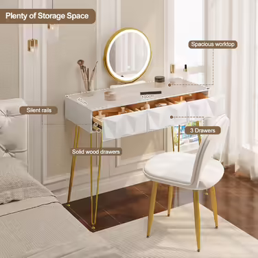 EUGAD Vanity Table with Stool and Mirror, 360° Swivel Makeup Mirror, Dressing Table Cosmetic Table with 2 Drawers, Upholstered Velvet Stool, 3D Effect Drawer, White and Gold (100x40cm, with LED Lighting)