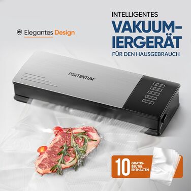 Портентум Вакуумний пакувальник для продуктів харчування з 10 безкоштовними пакетами – Вакуумний апарат для їжі – Фольгопакувальник з потужним всмоктуванням та корпусом з нержавіючої сталі, Чорний