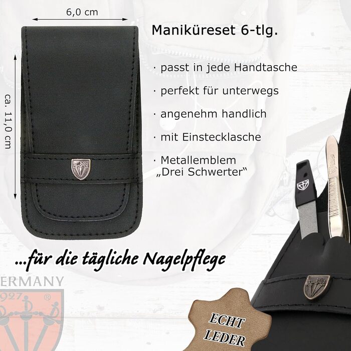 Набір манікюру DREI SCHWERTER 'Anzio III' 5 предметів | Набір для догляду за нігтями в шкіряному етою (чорний) | Ніж для нігтів, щипці, пінцет, алмазна пилка, засіб для очищення нігтів