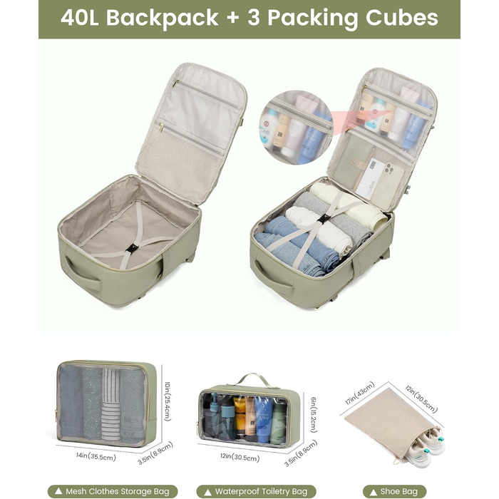 Рюкзак LOVEVOOK 40L для ручної поклажі в літак, водонепроникний, з відділенням для ноутбука 17 дюймів, для подорожей, роботи, хайкінгу, оливково-бежевий