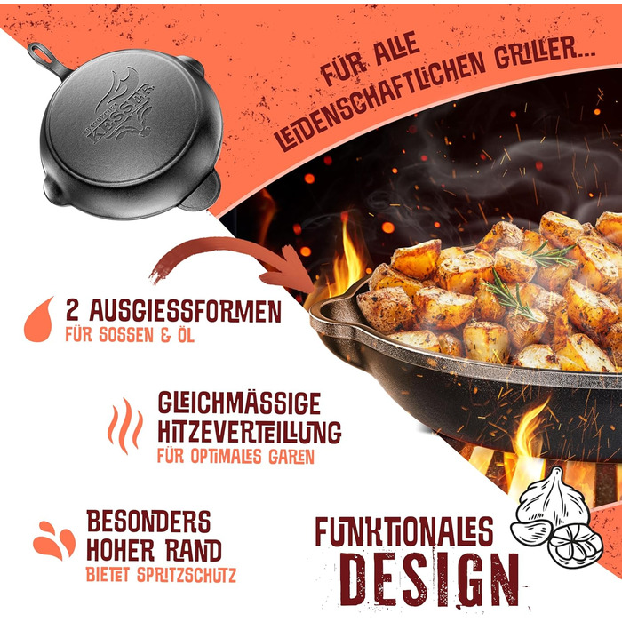Чавунна сковорода-гриль KESSER® для індукції, газу, духовки, вугілля 26 см з захисними ручками, кулінарною книгою та очисником для кілець