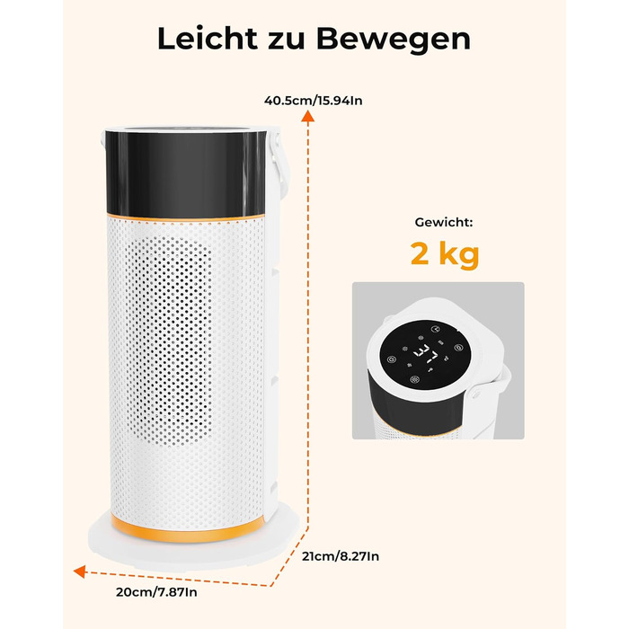 Електричний обігрівач 2000W з PTC-керамічним нагрівачем, тихий, з пультом керування, таймером, поворотним механізмом 70°, LED-дисплеєм для офісу, спальні, ванної кімнати, дому (білий)
