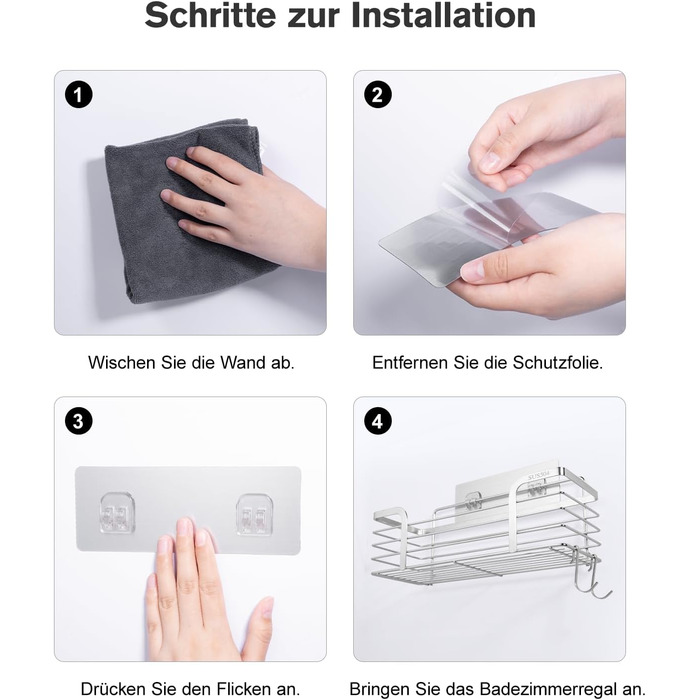 Поличка для душу Carehabi без свердління, 2 шт. Органайзер для ванної кімнати, полиця для душу з нержавіючої сталі з 4 гачками для шампуню та гелю для душу