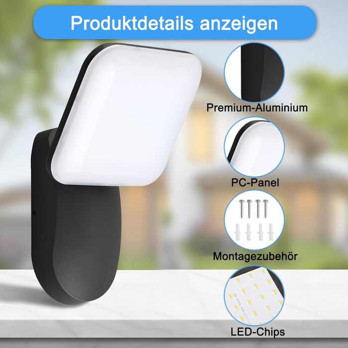 LED вуличний світильник на стіну, IP65, алюміній, 18W, 1600LM, 3000K, тепле біле світло для дому, гаража, саду, тераси