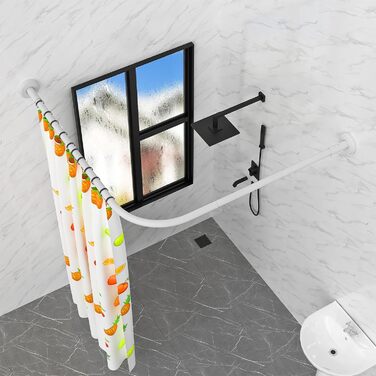 Штанга для душу L-подібна, регульована, 75-170 см, нержавіюча сталь, чорна, з кільцями для душу, для ванної кімнати, ванни, роздягальні (L-подібна_біла, 122x190 см)