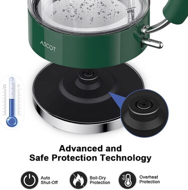 Електричний чайник ASCOT зі скла та нержавіючої сталі, 2200W, 1.5L, без BPA, тихий, швидкий, бездротовий, з захистом від сухого кипіння та автовимкнення, білий (Смарагдовий)