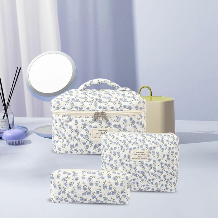 Косметичка для жінок, набір 3 шт. велика бавовняна косметичка для подорожей, органайзер для макіяжу, косметична сумочка з квітковим візерунком (блакитна павічева квітка)