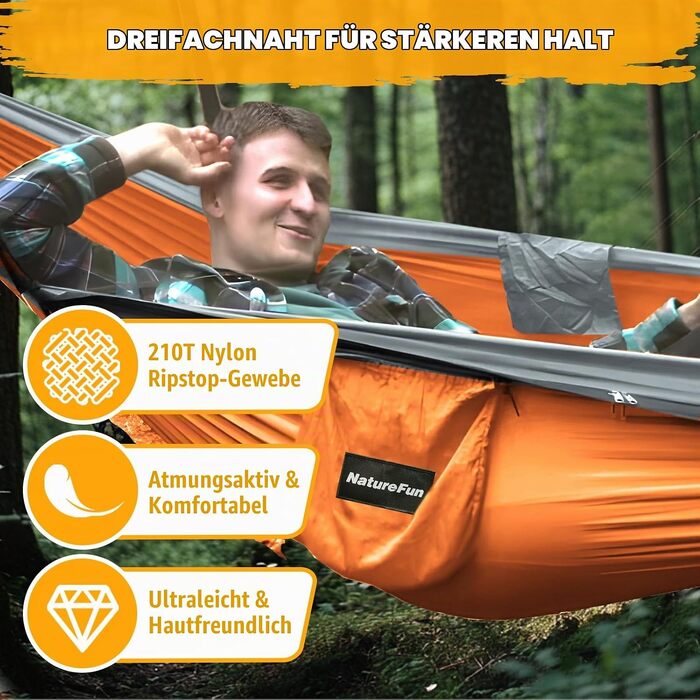 Ультралегкий кемпінговий гамак з москітною сіткою NATUREFUN, навантаження до 300 кг, дихаючий нейлон, помаранчево-сірий
