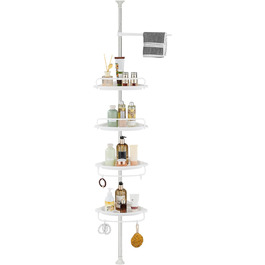 Adjustable Height Shower Shelf without Drilling, Corner Shower Rack Stainless Steel Corner Shelf Bathroom Shelf with 4 Baskets and 1 Towel Holder for Bathtub and Bathroom, Rust-Proof, 95-305CM White