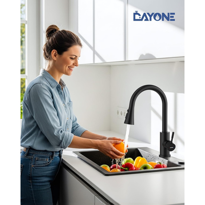 Кухонний змішувач DayOne з висувною лійкою, нержавіюча сталь SUS304, високий тиск, кухонний кран з 2 функціями, поворотний на 360°, для кухні (низький тиск, 247mb-niederdruck)