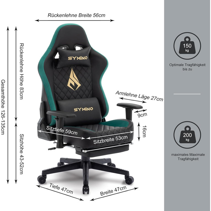 Ігровий крісло Symino - ергономічний офісний крісло в стилі гонок, 200 кг, регульовані підлокітники, PU шкіра, з підніжкою (чорний)