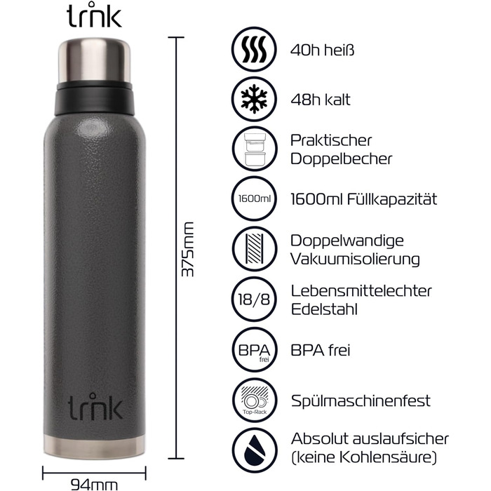 Термос Outdoor TRNK Polar 2 - 1600 мл, нержавіюча сталь, BPA-free, зберігає тепло 40 годин, 2 кришки-чашки, для миття в посудомийній машині (лісово-зелений, вулкано-сірий)