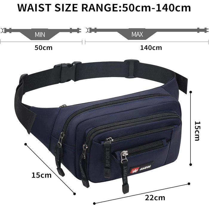 Водонепроникна поясна сумка-бананка для жінок та чоловіків. Мультифункціональна сумка на пояс з блискавкою. Підходить для подорожей, піших прогулянок та будь-яких активностей на відкритому повітрі (Темно-синій)
