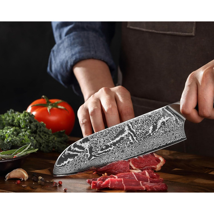 Японський ніж Wakoli Nitoko Santoku 18 см з дамаської сталі (67 шарів) VG10, HRC 60, G10 руків'я, Full Tang, для чистих нарізок, у подарунковій коробці