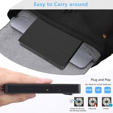Зовнішній DVD-накопичувач USB 3.0 та Type-C, портативний CD/DVD +/-RW записувач для ноутбука, ПК, MacBook, iMac (Windows, macOS, Linux), чорний