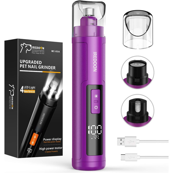 Шліфувальник кігтів для собак Profi Krallenschleifer 3-ступінчатий з LED-підсвіткою, тихий, акумуляторний, для собак великих, середніх та малих порід, темно-зелений (фіолетовий)