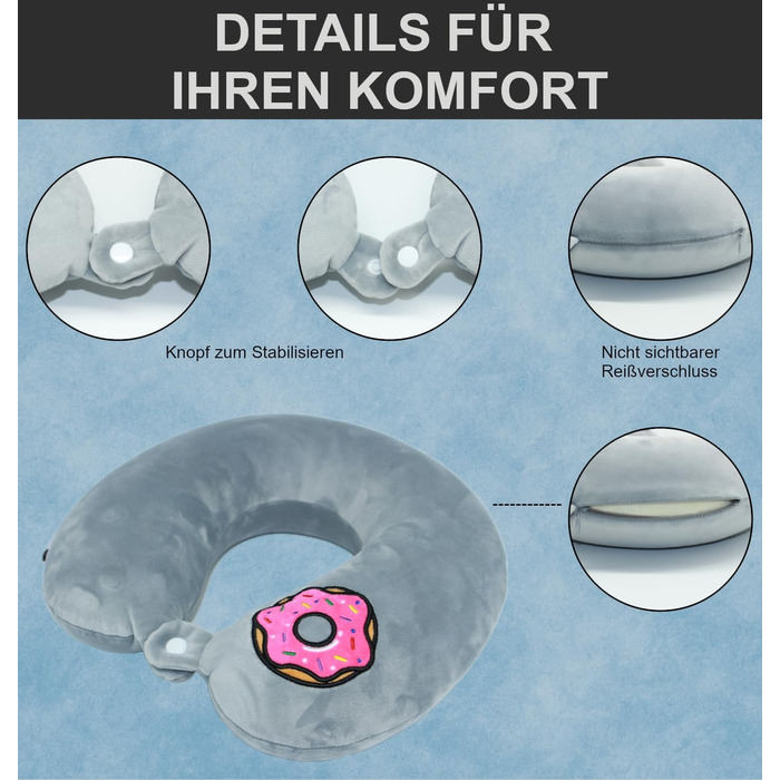 Подушка для шиї Essentials з піною з пам'яті (100%) - U-подібна, з м'яким оксамитовим чохлом - для подорожей, літака, авто, офісу та дому (Сірий)