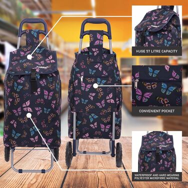 Hoppa 57L Shopping Trolley Large Shopping Roller Waterproof Shopping Cart Wagon (Black Flamingos) (Navy Blue Butterflies)