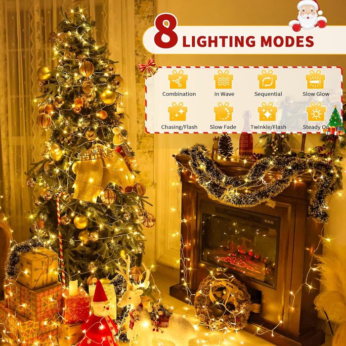 Гірлянда світлодіодна 60м, 600 LED, для декорування приміщень та вулиці, 8 режимів, таймер, IP44, тепле світло, для ялинки, балкона, вікна, саду, вечірки