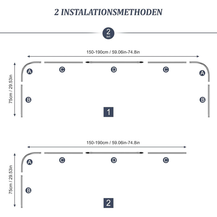Штанга для душу U/L форми 75×(150-190)×75 см - 2 в 1 (для душу та ванни) з кільцями, без кріплень до стелі