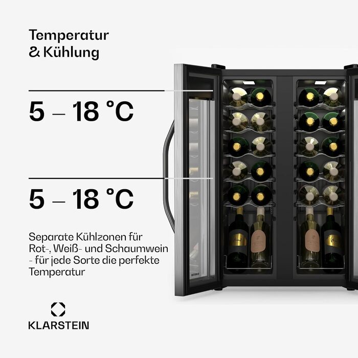 Klarstein Freestanding Wine Cooler - Compact Beverage Refrigerator with Dual Zone & Glass Door - Indoor/Outdoor Beersafe - LED Lighting - 5-18°C - 33 Bottle Capacity (24 Bottle - 2 Zone) - Black