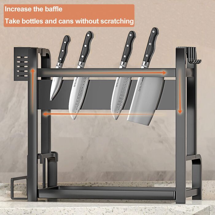 Стійка для спецій Devesanter на 2 яруси, велика місткість, з контейнерами, органайзер для кухні, з підставкою для дощок, з гачками, чорний