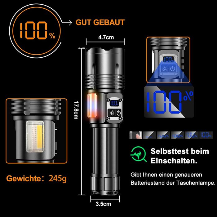 Ліхтарик LED акумуляторний, тактичний, 500000 люмен, 9 режимів, COB бічне світло, USB-C, для кемпінгу та надзвичайних ситуацій, чорний