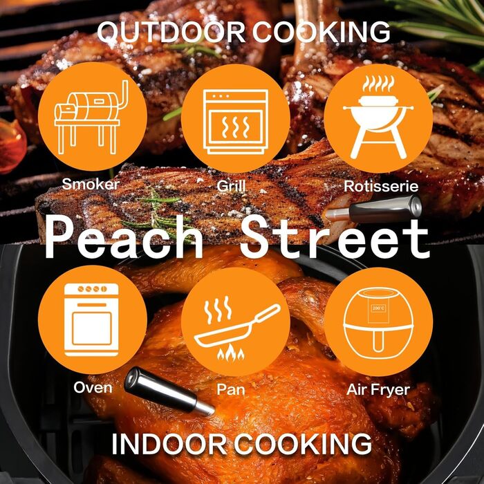 Бездротовий термометр для м'яса PeachStreet з Bluetooth, LED-дисплеєм, 150м, IP68, для кухні, гриля, духовки