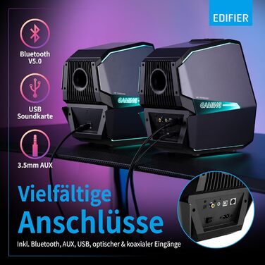 Edifier G2000 Bluetooth-колонки для геймінгу з RGB-підсвічуванням та 3 режимами звучання. Підключення: Bluetooth, USB (звукова карта), 3.5mm jack. (Чорний)